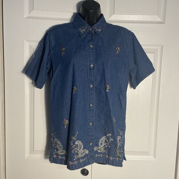 Vintage Y2K Deranged Shirt Women Large Blue Denim Embroidered Floral Button Up - Picture 1 of 10